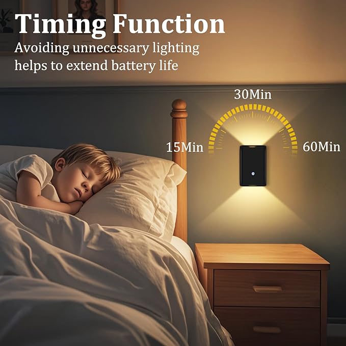 Eneru Rechargeable Motion Sensor Night Light: 5000mAh Black Battery Operated Wall Sconce with Remote Control, 3 Colors Wireless Stair Lights Indoor, Magnetic LED Night Lamp for Hallway Porch, 1 Pack