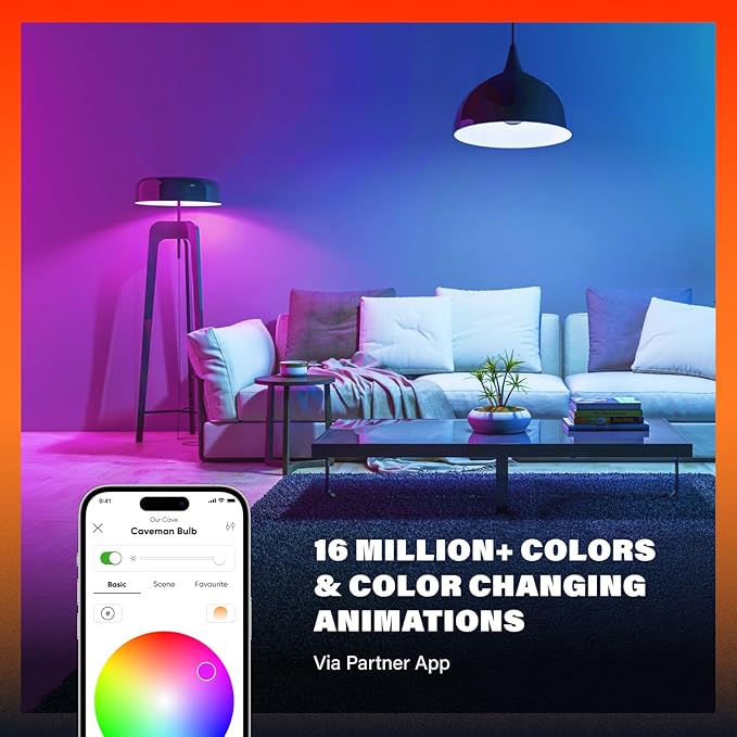 Caveman Matter & WiFi A19 Smart LED Light Bulb, RGBW Color Changing, Tunable Warm & Cool White 800LM (60W Equivalent) – Alexa, Google Home, Apple Home Bulb (4pk)