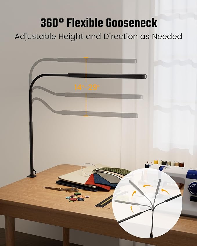 SUPERDANNY Eye-Caring LED Desk Lamp 360° Flexible Gooseneck Work Lamp with Desk Side Clamp Touch Control 3 Light Colors Smooth Dimming Task Lighting Reading Light for Home Office College Dorm, Black