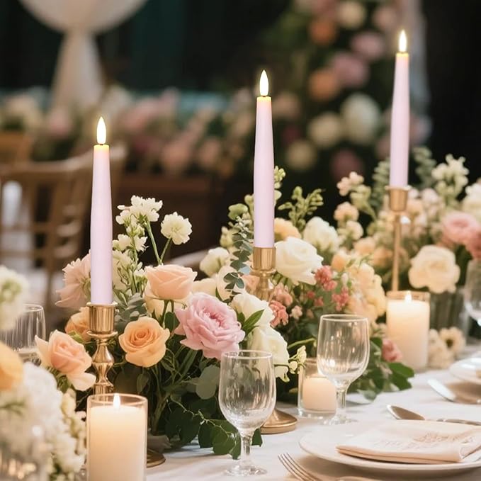Pink Flameless Taper Candles, Spring LED Flickering Taper Candles Battery Operated with Remote Timer, 4 Pcs Flameless Candlesticks for Spring Wedding Home Decorations(D0.78” x H8.1”)
