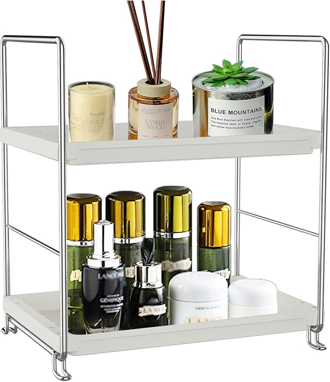 2-Tier Kitchen Spice Rack Standing Shelf-Bathroom Countertop Organizer-Vanity Tray Cosmetic & Makeup Storage,Perfect Storage Shelf for Bathroom,Bedroom,Kitchen,Vanity,Silver