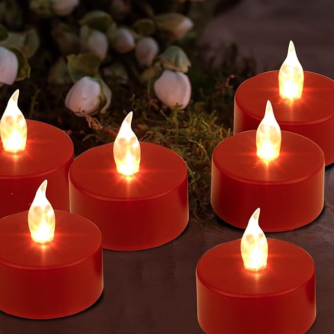 Tea Lights Flameless Battery Operated Candles-24 Pack Red LED Flickering Votive Candle Long Lasting 200 Hours, Realistic and Bright for Seasonal Festive Celebrations Decoration