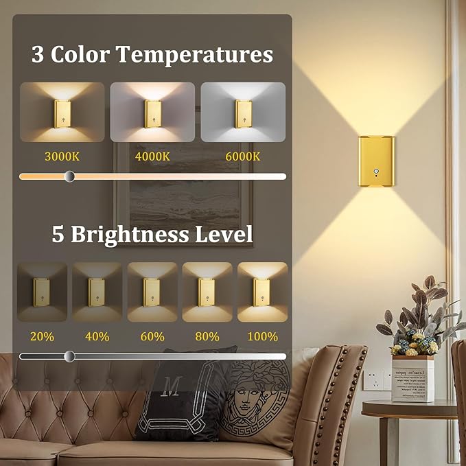 4 Pack Battery Operated Wall Lights - 5000mAh Rechargeable Motion Sensor Wall Sconce with Remote, 3 Colors Wireless Wall Lamp Magnetic Motion Sensor Night Light Indoor for Hallway Stairway, Gold