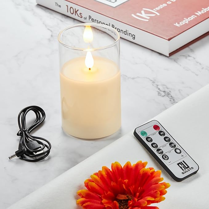 Flickering Flameless Candles, Battery Operated Candles with 3D Wick, Last 1000+ Hours LED Candle with Remote and Timer, Rechargeable Candle Real Wax White Glass, Home Decor 3" x 6"