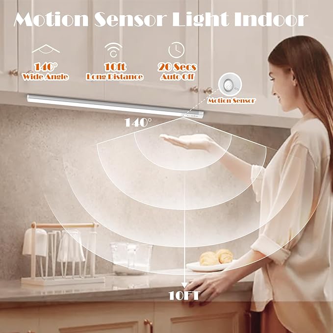 Under Cabinet Lights 2 Pack,128 LED Rechargeable Battery Operated Motion Sensor Light Indoor, Magnetic Dimmable Closet Lights, Wireless Under Counter Lights for Kitchen, Stairs (Silver)