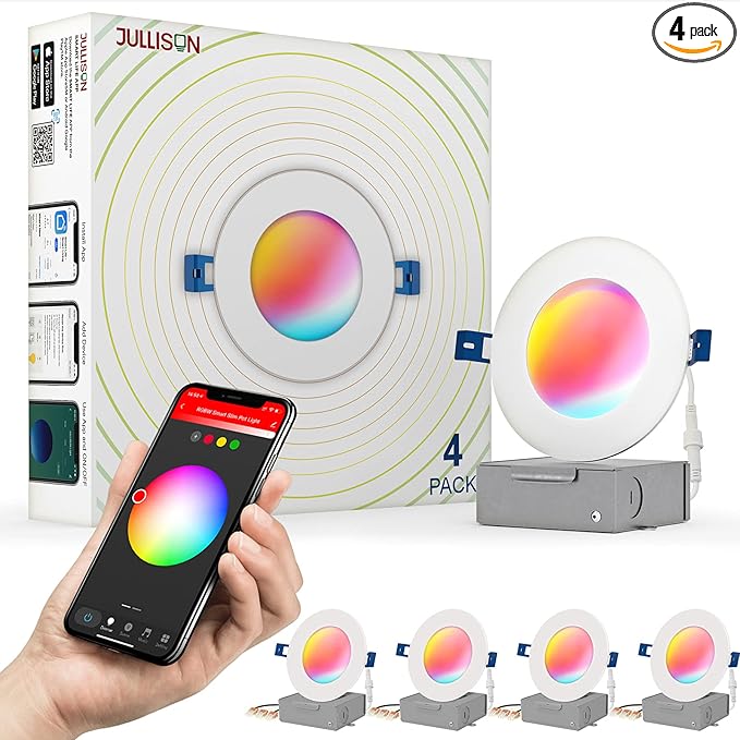 4" LED Smart Slim Recessed Pot Light, WiFi APP & Voice Control, 120VAC, 9W, 600LM, RGB + 2700K-6000K, ETL & FCC & IC Rated, Wet Location, Compatible with Alexa/Google Home, White - 4 Packs