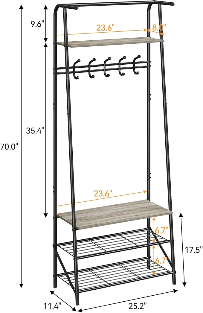 Coat Rack Hall Tree with Shoe Storage Bench, 4-in-1 Entryway Organizer, 5 Hooks & 3-Tier Shoe Rack, Freestanding Metal Frame for Hallway, Front Door