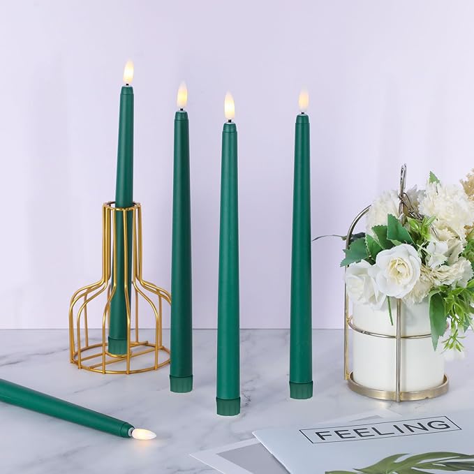 Macarrie 24 Packs Flameless Taper Candles Battery Operated Fake 11 Inch Long Candlelight LED Flameless Candlesticks Flickering Tapered for Spring Summer Wedding(Green)