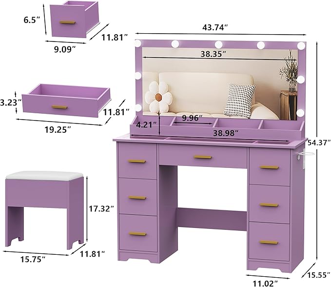 44" Vanity Desk with 38" Large Mirror and 9 LED Lights & Glass Top and Power Outlet, Makeup Vanity Set with 7 Drawers & Chair and RGB Ambient Light, Dressing Table for Bedroom, Modern Purple