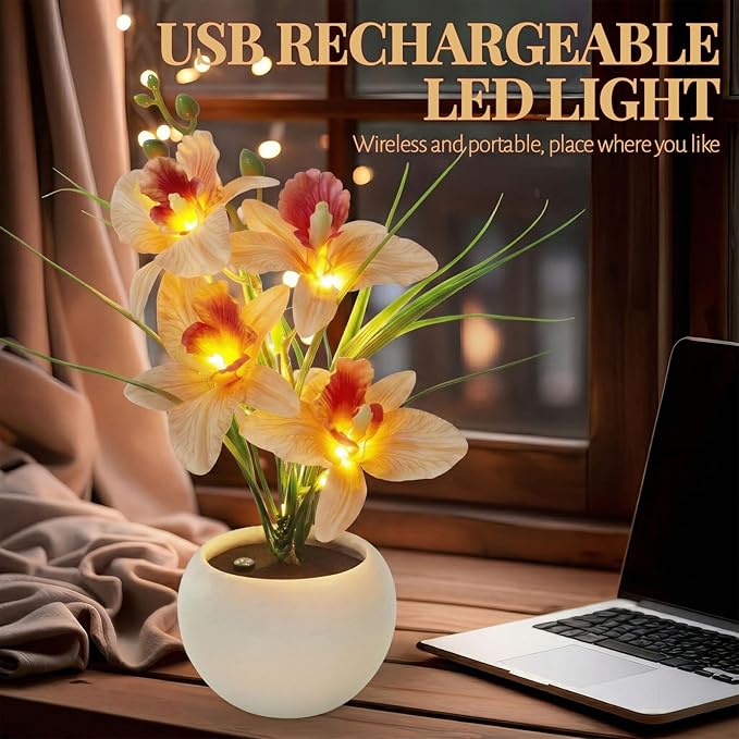 Artificial Flower Night Light, Touch Stepless Dimming USB Rechargeable Orchid Flower with Vase Lamp, LED Table Lamp Decorative Landscape Lights for Festival Party Home Decor (Champagne)