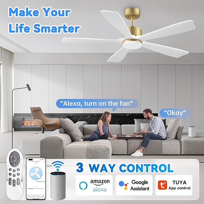 52 Inch Smart Ceiling Fan with Light,Wood Ceiling Fan Voice Control via WIFI Alexa App,Quiet DC Motor,Dimmable LED,Modern Outdoor Indoor Ceiling Fans for Bedroom Patio Porch,5 Solid Wood Blades