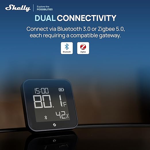 Shelly BLU H&T Display ZB Black, Bluetooth & Zigbee Operated Temperature & Humidity Levels Sensor, E-Paper Display, Home Assistant, Alexa, Google Home, Real-Time Monitoring, Long-Life Battery
