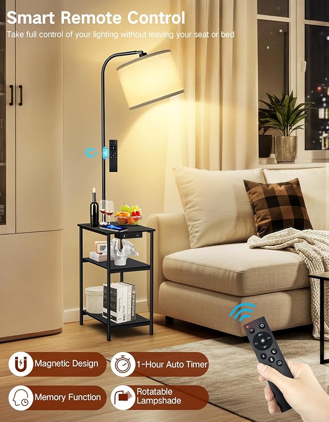 Floor Lamp with Table & Remote, Side End Table with Charging Station, Dimmable Nightstand with 3 Color Temperatures, 1-Hour Timer, 12W LED Bulb, for Living Room, Bedroom(Black)