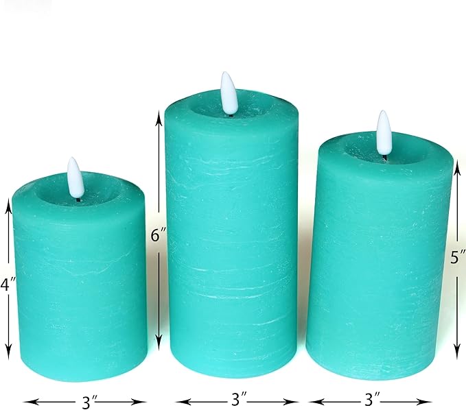 CANDLE CHOICE Real Wax Battery Operated Flameless Candles with Remote Automatic Timer Realistic Flickering Electric LED Pillars Wedding Party Holiday Decorations 3 Pack Rustic Texture Peacock Blue