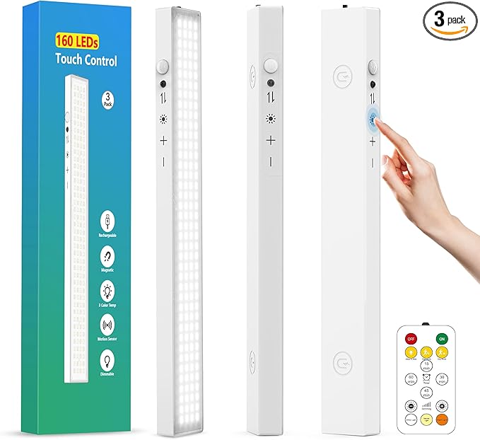 3Pack Touch Control Under Cabinet Lighting, 160LED Super Bright, 4000mAh Long-Lasting, Magnetic Rechargeable Motion Sensor Under Counter Lights for Kitchen, Closet, Remote, Dimmable, 3CC丨White