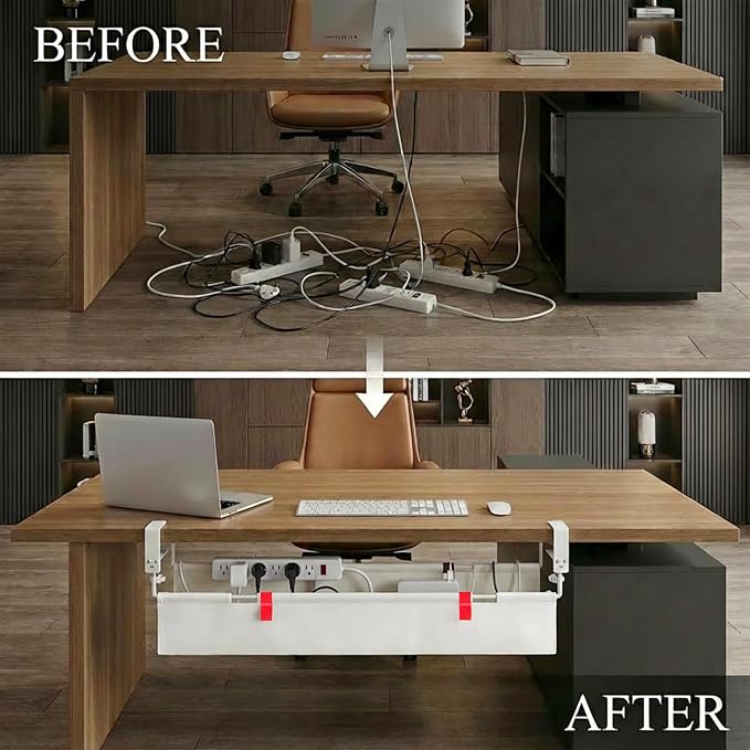 [Upgraded] Under Desk Cable Management, 48" Cord Organizer, with Silicone Pads (No Scratch!), 16 Cable Ties, Washable PE Honeycomb Base,Fits Any Desk 0-2.1", No Stinky Cardboard!Beige 48"L x 6"W