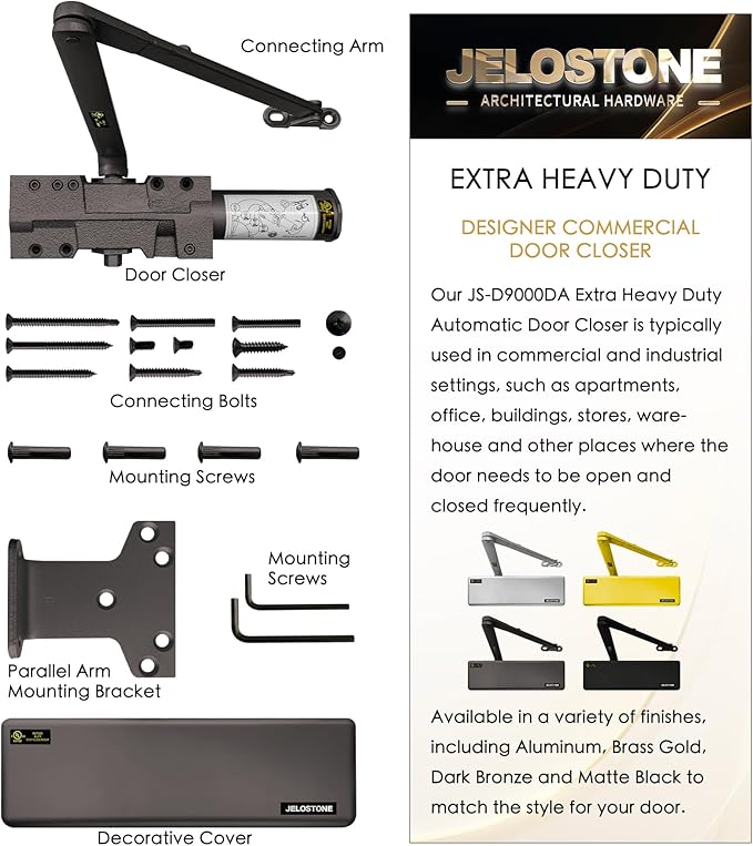 Extra Heavy Duty Commercial Door Closer, D9000DA for Doors (Max 330LBS), Delayed Action Automatic Door Closer, Adjustable 6 Speed Spring Door Closer, UL Listed Grade 1 ADA, Dark Bronze