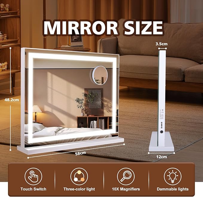 Hollywood Vanity Mirror with Lights 23 x 19 Large Vanity Mirror 10X Magnifying Compact Mirror 3 Colors Modes Touch Control Mirror with Lights