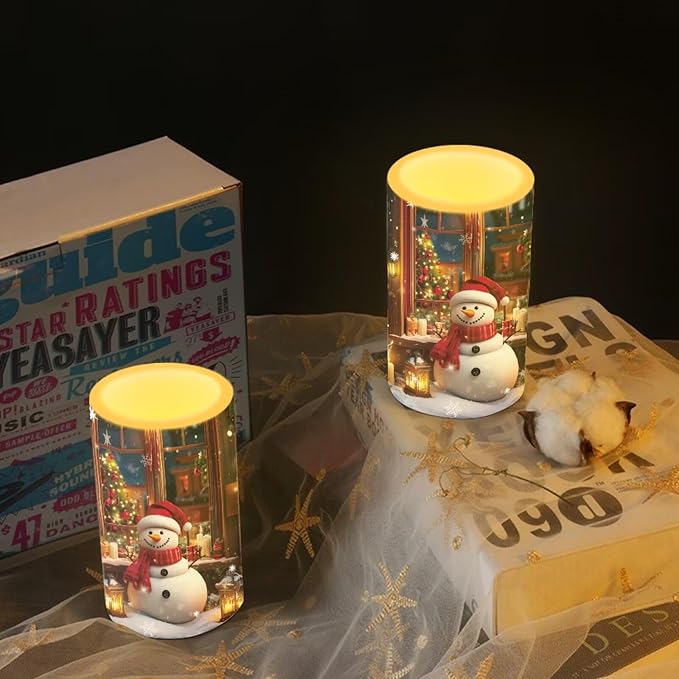 Christmas Decor Flameless Pillar Candles Cute Snowman Battery Operated Flameless LED Candles with Remote and Timer for Home Party Christmas Holiday Xmas Decorations Set of 2