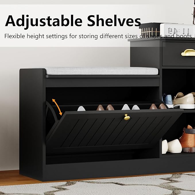 Shoe Storage Bench, Modern Wooden Shoe Cabinet with Flip Drawer and Adjustable Shelf, Entry Way Bench with Padded Seat Cushion for Entryway, Hallway, Living Room,Black