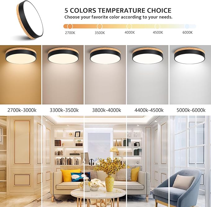 Modern Wood Flush Mount Ceiling Light, Black LED 5CCT 2700K-6000K Dimmable Ceiling Light Fixtures, Round Close to Lighting Fixture for Kitchen Entryway Hallway Bedroom Laundry Room-11.8in