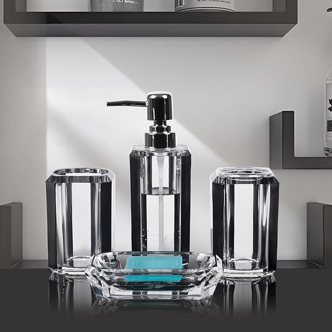 4-Piece Black Bathroom Accessories Set — Soap Dispenser, Soap Dish, Mouthwash Cup & Toothbrush Holder, Glossy Acrylic with Brushed Black Accent, Gift-Ready Home Decor