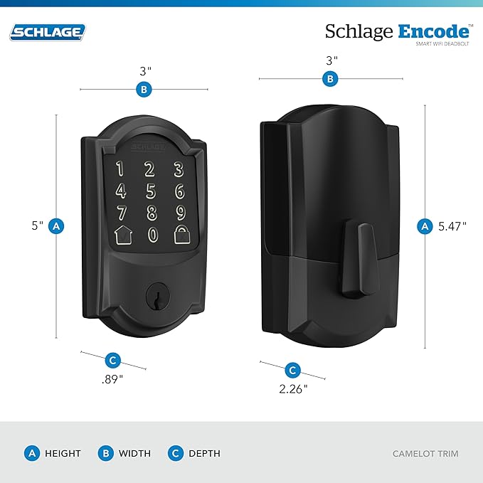 Schlage Encode Smart Wi-Fi Deadbolt Lock with Touchscreen Keypad, Keyless Front Door Entry, App Control, Alexa, Google Home and Airbnb Compatible, Matte Black, BE489WB CAM 622