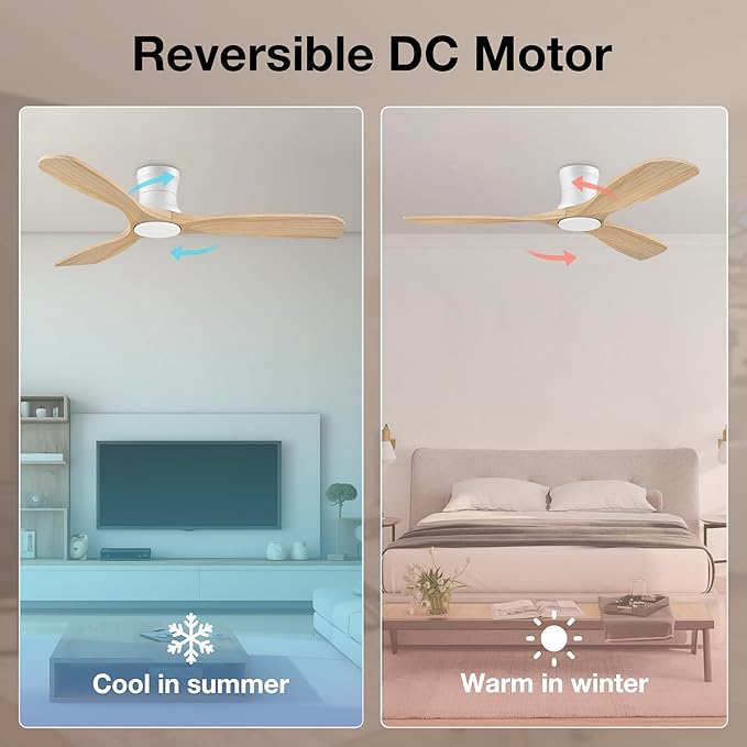 52inch Wood Ceiling Fans with Lights and Remote,Low Profile Modern Ceiling Fan with Light,Outdoor Indoor Flush Mount Ceiling fan,for Bedroom Living room Patio,Light Wood,3 Blades,Dimmable LED,Quiet