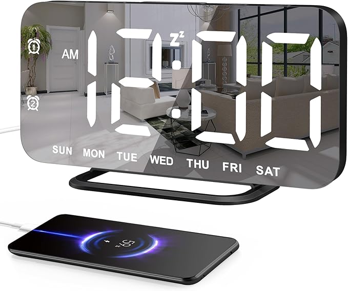 JALL Slim LED Digital Alarm Clock, Mirror Surface for Makeup, with Diming, Large Display, Easy Setting, USB Ports, Modern Decor for Bedroom, Desk, Idea for Women, Sister, College Girl, Black