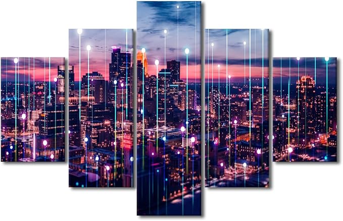 Modern Technology City Canvas Art Metaverse Concept Poster 5 Panel Urban Skyline Poster Big Data Worker Office Living Room Decor Men Home Decor Artwork Frame and Stretched Ready to Hang 60x40 Inch
