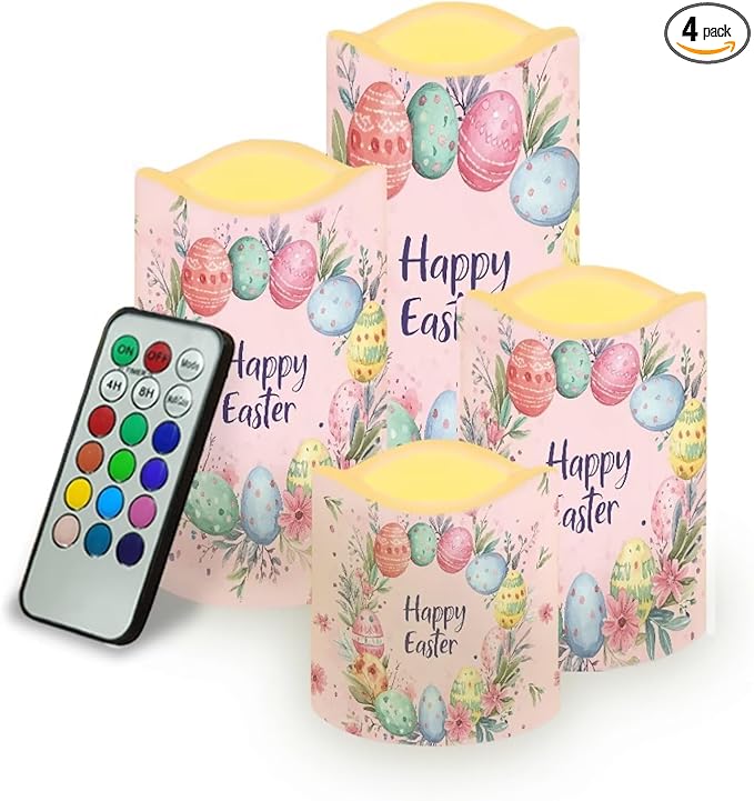 Easter Egg and Floral Plastic Flameless Candles with Remote Control and Timer LED Flickering Battery Electric Pillar Candles for Table Easter Decoration