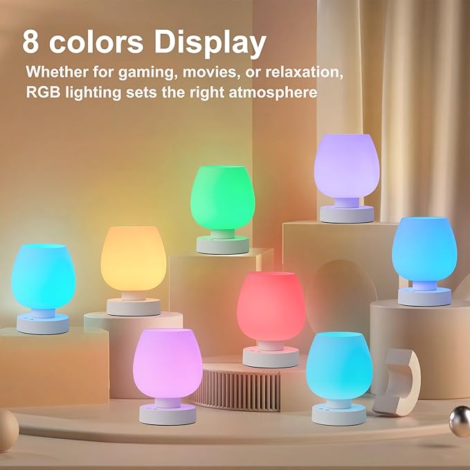 Cordless Touch Bedside Table Lamp, Rechargeable Battery Operated Desk Lamps with 8 RGB Colors, Dimmable Small Glass Nightstand Light for Living Room Bedroom Kitchen Counter