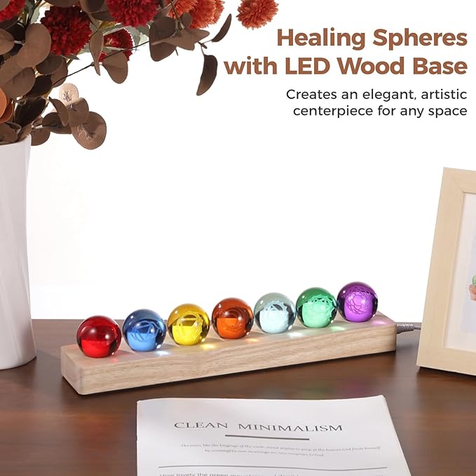 Meditation Decor with 7 Spheres, Led Wooden Stand, 1.5 Crystal Balls Set, Geometric Carvings, Colorful Night Light, Home Or Office