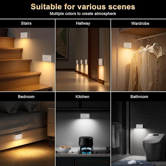 YiaMia Stair Lights Motion Sensor Indoor, 6-Pack Rechargeable Night Lights with 3 Color Modes, Wireless Under Cabinet Lighting for Stairs, Hallway, Kitchen, Bathroom