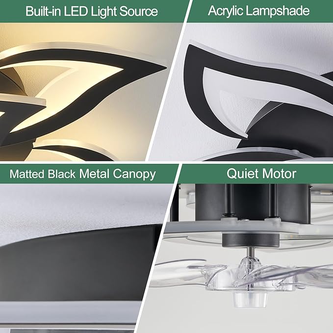 Modern Ceiling Fan with Light and Remote, Low Profile Ceiling Fans with Lights, 32 Inch Flush Mount Ceiling Fan with 3 Light Color 6 Speeds, Fandelier Ceiling Fan for Living Room, Dining Room