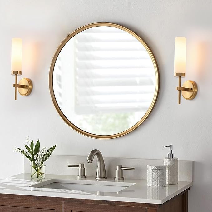 Wall Sconces Set of Two,Brass Gold Bathroom Sconces Wall Lighting with White Glass, Modern Sconces Wall Decor Set of 2 Wall Light fixtures for Bathroom Mirror Living Room Hallway Bedroom Wall Lamp