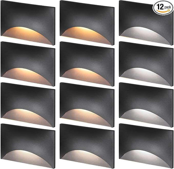 LEONLITE 12-Pack Black 5CCT 120V LED Step Lights, 150LM 5%-100% Dimmable Stair Lights Indoor Outdoor IP65 Waterproof, Aluminum Anti-Glare Shell, CRI90 ETL 2700K/3000K/3500K/4000K/5000K