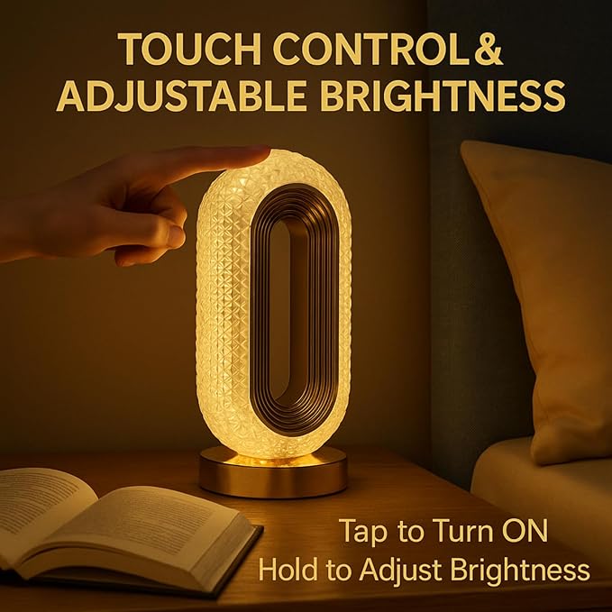 USB Rechargeable Crystal LED Lamp – Cordless Touch Control, 3 Light Modes, Gold Finish, Dimmable Bedside Nightstand, Dinner Table, Restaurant Table, Camping, Cabin, & Office and Home Décor Light