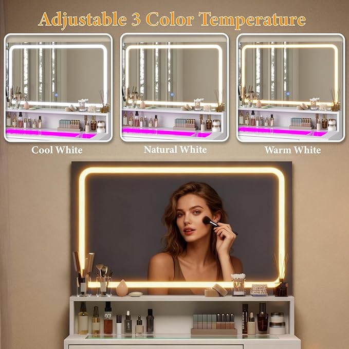 Makeup Vanity Desk with Mirror and Lights, LED Tempered Glass Top, 3 Lighting Modes Brightness Adjustable,Power Outlet,Bedroom Dressing Table, Snow White