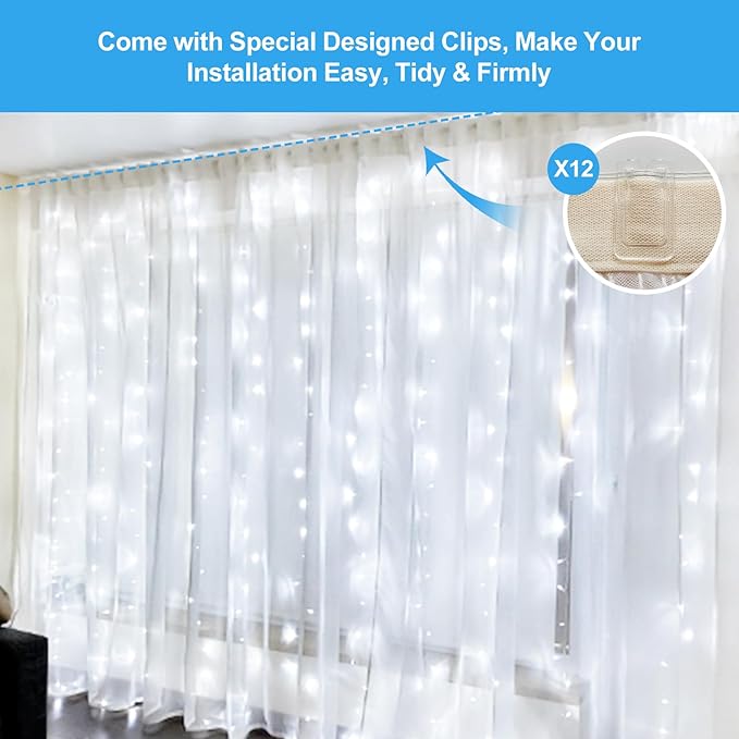300 LED Fairy Curtain Lights, 9.8 x 9.8FT Cold White USB Plug in 8 Modes String Hanging Lights with Remote for Christmas, Bedroom, Indoor, Outdoor, Weddings, Party (Cold White)