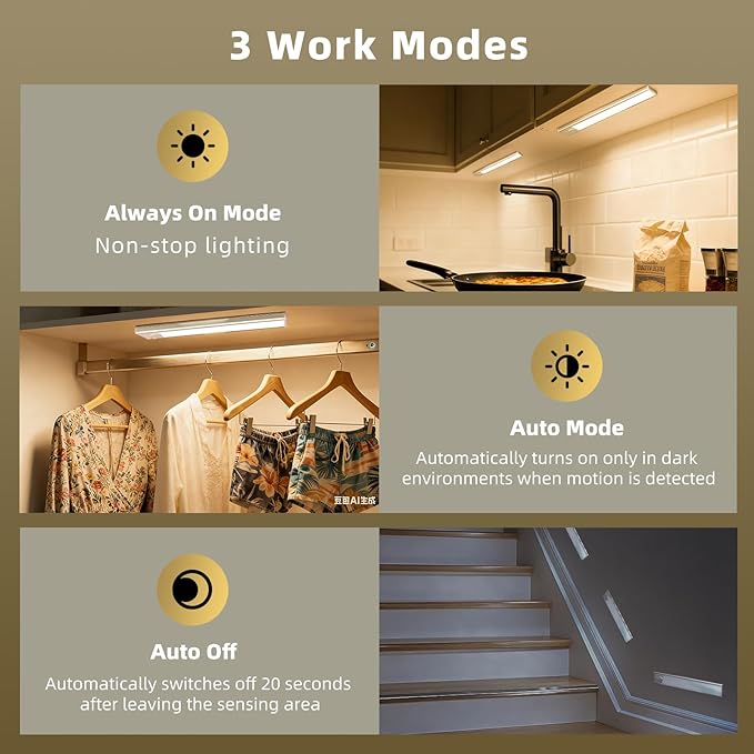 4 Pack Under Cabinet Lighting, Rechargeable Motion Sensor Light Indoor, Wireless Dimmable Magnetic Closet Lights, 32 LED Under Counter Lights for Kitchen, Wardrobe, Stairs, Warm Light