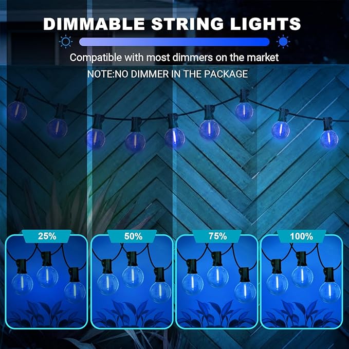 LAMPHOME LED Outdoor String Light, 26Feet Patio Lights with12+1Edison Shatterproof Bulbs(1Spare), UL Waterproof Outside Lights connectable Dimmable for Backyard Porch Decor,Blue