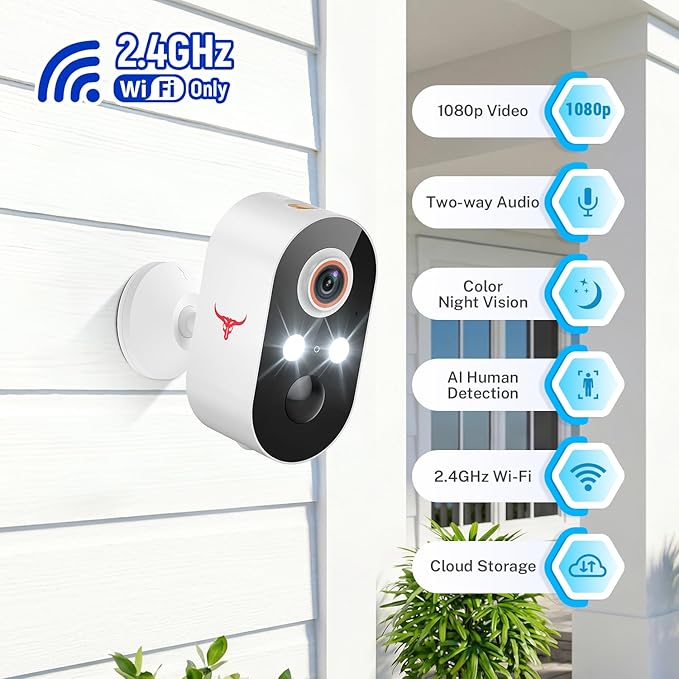1080P Wireless Security Camera Outdoor/Indoor, Rechargeable Battery Powered, AI Detection, Color Night Vision, 2-Way Audio, Water Resistant, Wi-Fi