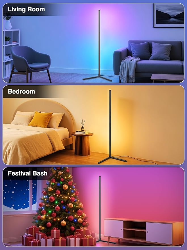 RIYO LED Corner Floor Lamp, RGB Color Changing Standing Lamp with App and Remote Control, 16 Million Colors & 68+ Scene Music Sync Ambient Lighting for Living Room, Bedroom, Gaming Room Decor
