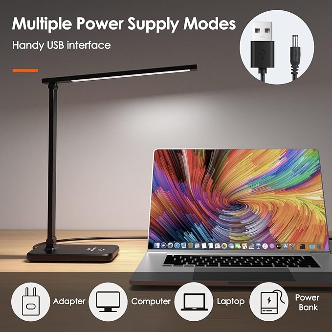 LED Desk Lamp, Eye-Caring Table Lamp with 3 Brightness Levels, Touch Control and Memory Function, Foldable Reading Lamp for Home Office Bedroom Study, 8W, 4000K, Black