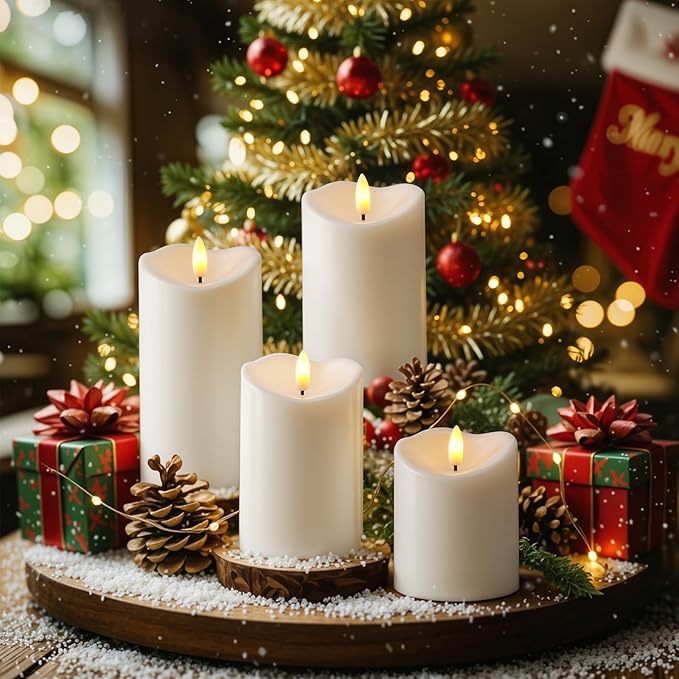 Raycare 3"x4"6" 8" Outdoor Waterproof Flameless Candles, Battery Operated LED Candles with Remote Control and Timer, Electric Fake Plastic Pillar Candles, Ivory White, Set of 3