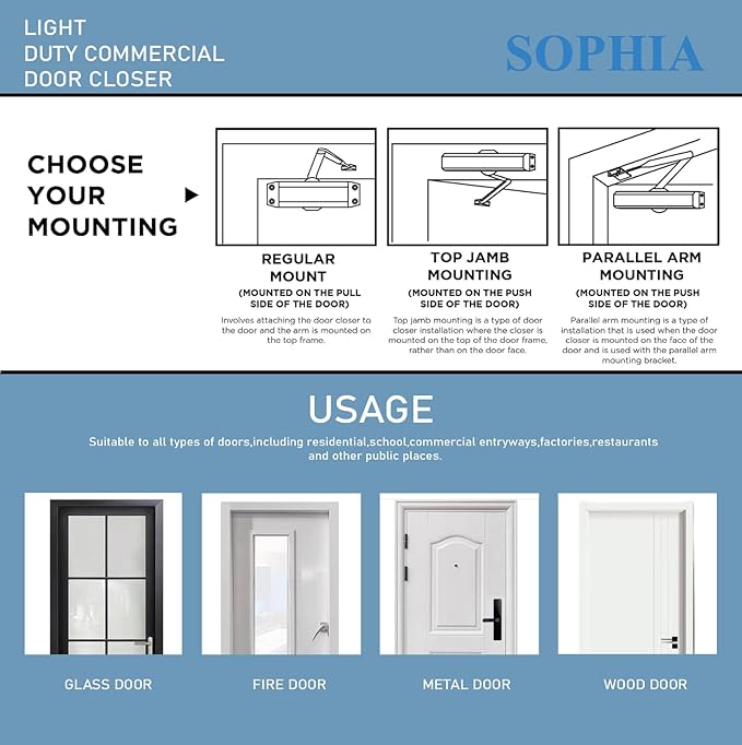 SOPHIA Commercial Door Closer Grade 2, Automatic Door Closer DK700 with Backcheck Function, Hydraulic Auto for Home & Light Commercial Property (Size 3), Matte Black