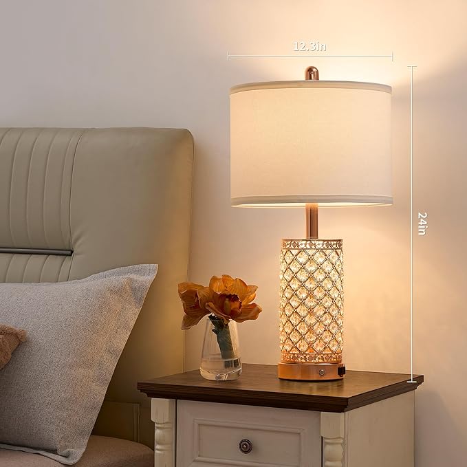 Crystal Table Lamps Modern 3-Way Dimmable Bedside Lamp with 2 USB Ports & AC Outlets for Living Room Bedroom Nightstand Lamp Night Light (Rose Gold-2 Pack 24In)