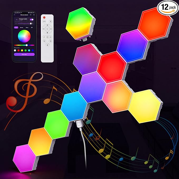 TISOFU Hexagon LED Lights - 12 Pack RGB Wall Panels, Modular Smart Light Panel with Music Sync, Remote & APP, Honeycomb Lights Wall for Gaming Room, Bedroom Decor, Kids, Adults, Gift