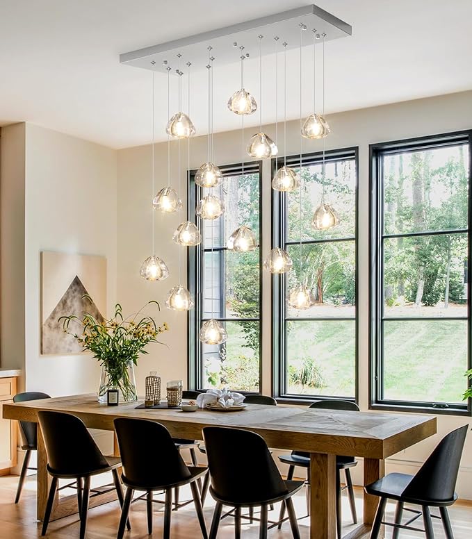 Brushed Nickel Rectangular Chandeliers for Living Dining Room Light Dimmable High Ceiling Pendant Lights Fixtures Lighting Chandelier for Foyer Entryway Lighting